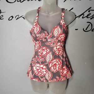 Garnet Hill Womens' Retro Floral Print Tankini Top, Gray, Red, White, 6